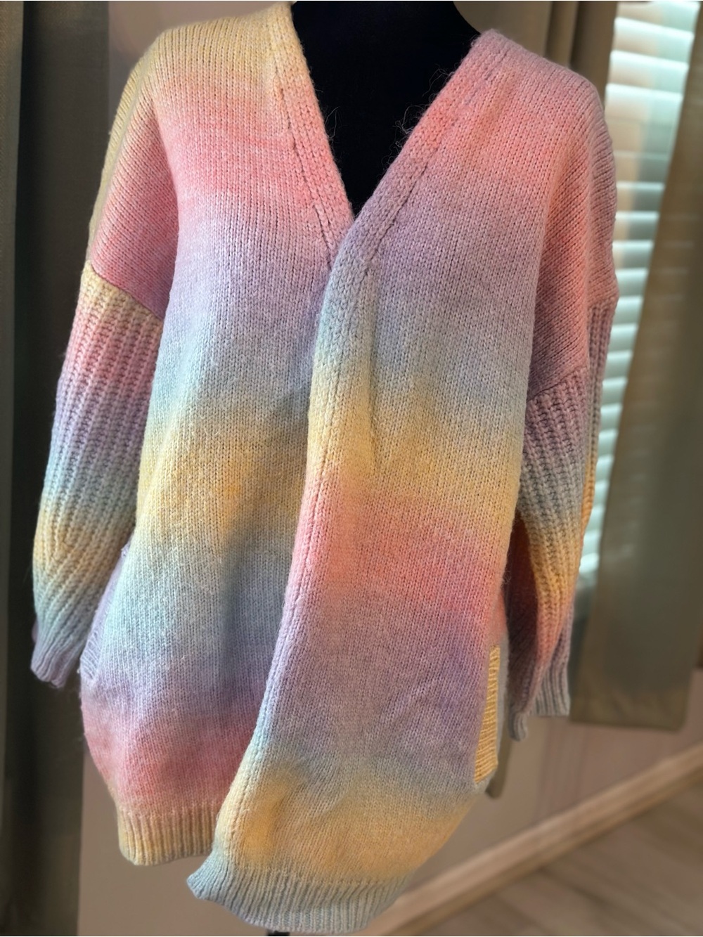 Pastel Rainbow Ombre Oversized Open Front Cardigan Sweater Size L